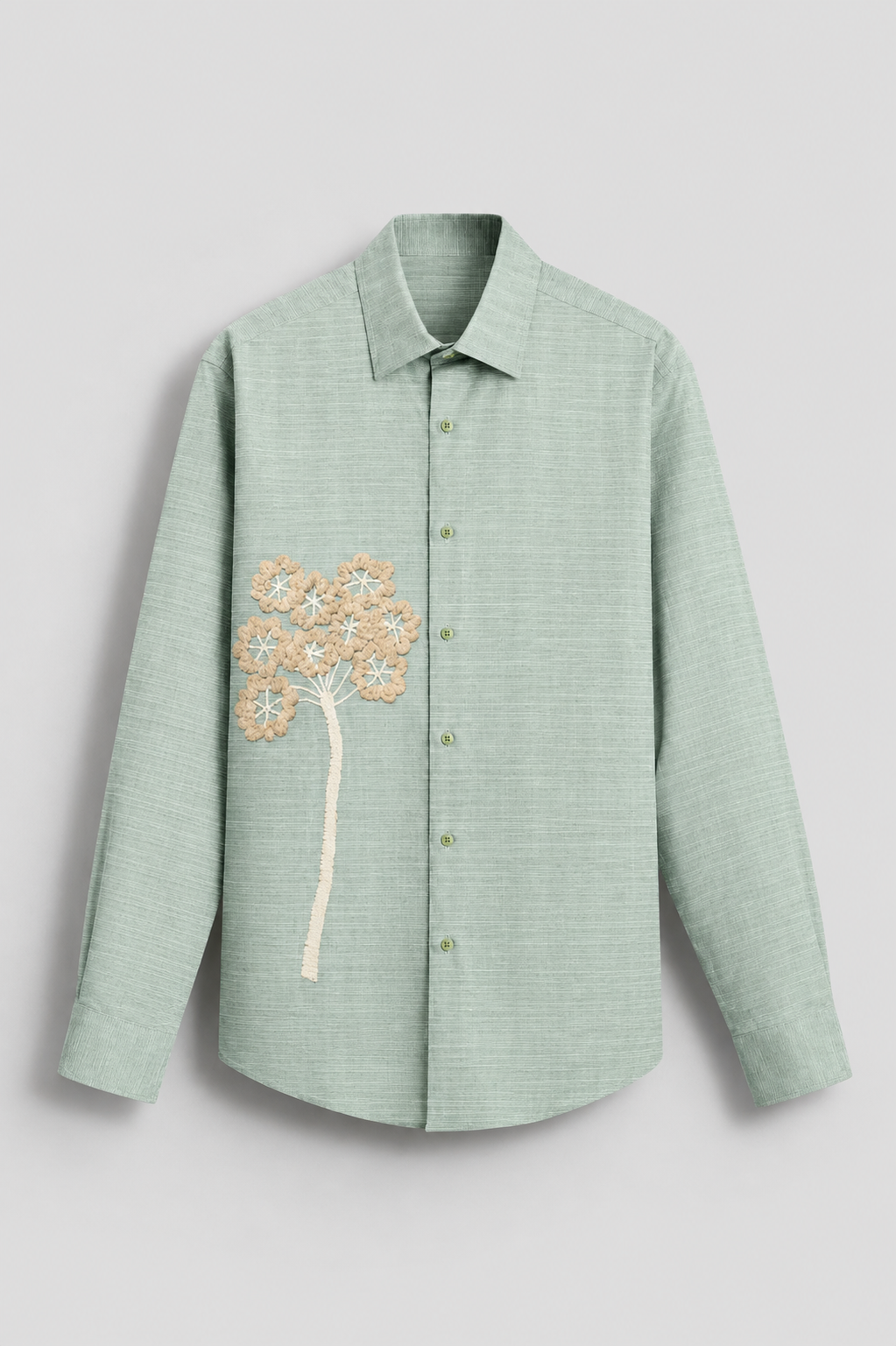 Men's Sage Green Embroidered Cotton Full Sleeve Shirt