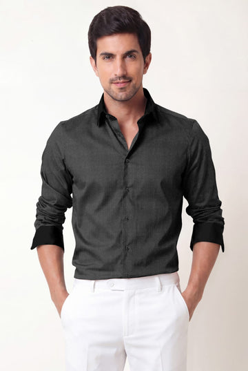 Men's Charcoal Black Textured Cotton Full Sleeve Shirt