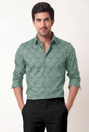 Men's Sage Green Geometric Textured Premium Cotton Shirt