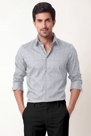 Men's Ice Grey Geometric Printed Premium Cotton Shirt